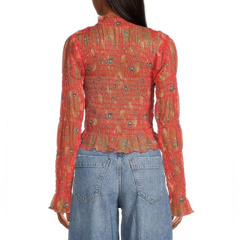 Free People Floral Shirred Mesh Bell Sleeve Fairycore Hippie Rock Top XL - Picture 8 of 14